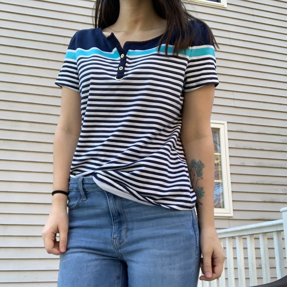 Charter Club | Blue striped short sleeve shirt
